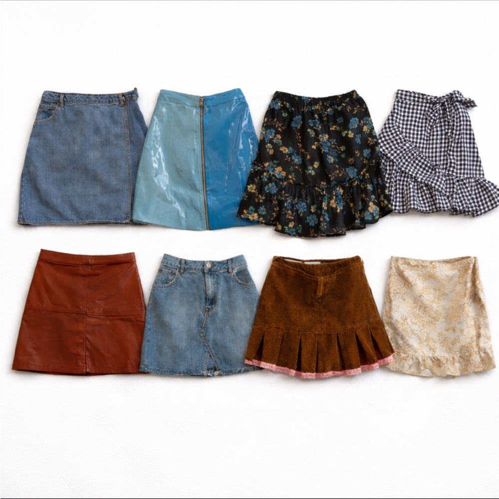 Lot of 6 mini skirts Y2K denim vinyl pleated corduroy gold leather gingham